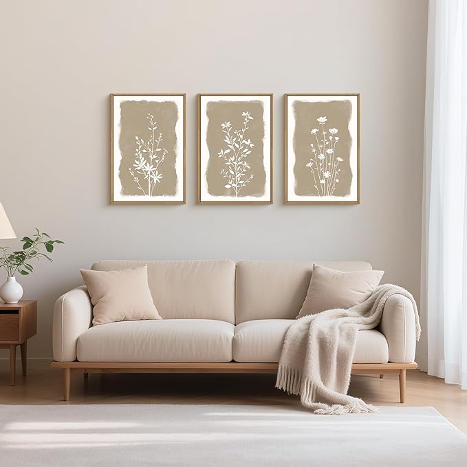 Aryroi Large Boho Wildflowers Framed Canvas Wall Art Set,Minimalist Neutral Floral Wall Decor,Vintage Natural Beige Flower Artwork,Modern Botanical Art Print For Living Room,Bedroom,Office-16 x24 x3