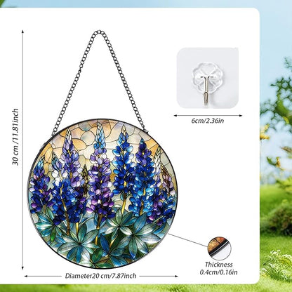 Rngmsi Stained Glass Window Hanging, 7.8″ Blue Flower Sun Catchers with Hook Indoor Window Decor, Decorative Suncatchers Hanging Ornaments Home Garden Art Gift for Housewarming