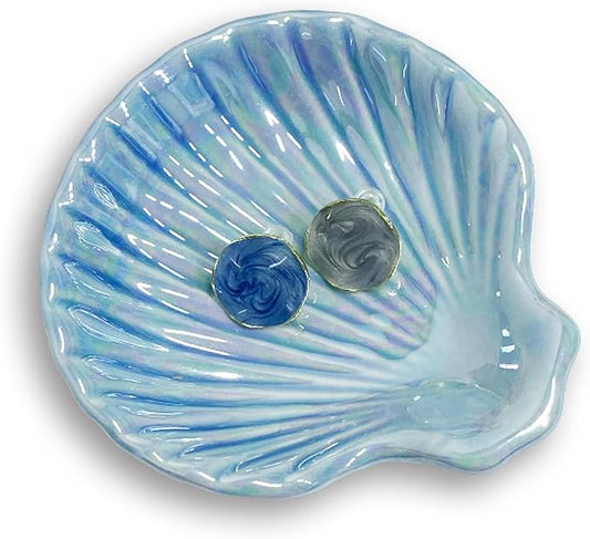 Shell Jewelry Dish Tray for Women, Ceramic Jewelry Tray, Seashell Shape Jewelry Ring Holder Dish, Jewelry Plate Trinket Dish for Necklace, Earring, Ring, Bracelet, 3.9", Sky Blue Iridescent Surface
