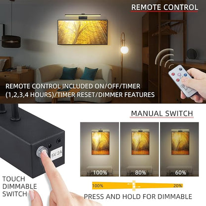 FUNCHDAY Picture Light,Battery Art Lights for Wall,Wireless Remote Painting Light with Timer and Dimmable,20”Metal Display Lighting for Artwork,Portrait,Gallery-BK