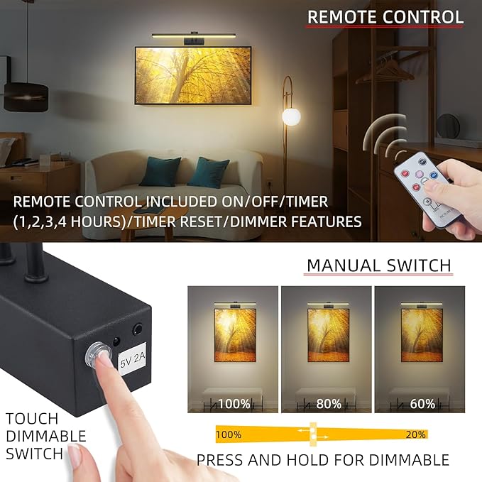 FUNCHDAY Picture Light,Battery Art Lights for Wall,Wireless Remote Painting Light with Timer and Dimmable,13”Metal Display Lighting for Artwork,Portrait,Gallery-Black