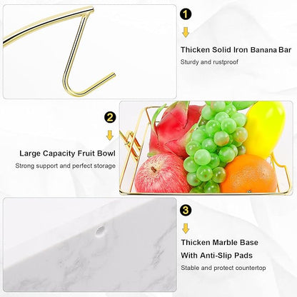 Livabber Countertop Fruit Basket Bowl with Banana Hanger, Modern Standing Fruit Vegetable Bowl Storage, with Banana Tree Holder for Kitchen Dinning Table (Square Marble, Gold)