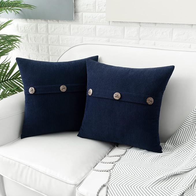 HWY 50 Navy Blue Chenille Throw Pillow Covers 16x16 Inch with Triple Buttons, Soft Farmhouse Accent Decorative Cushion Cases for Couch Sofa Bed Living Room Pack of 2