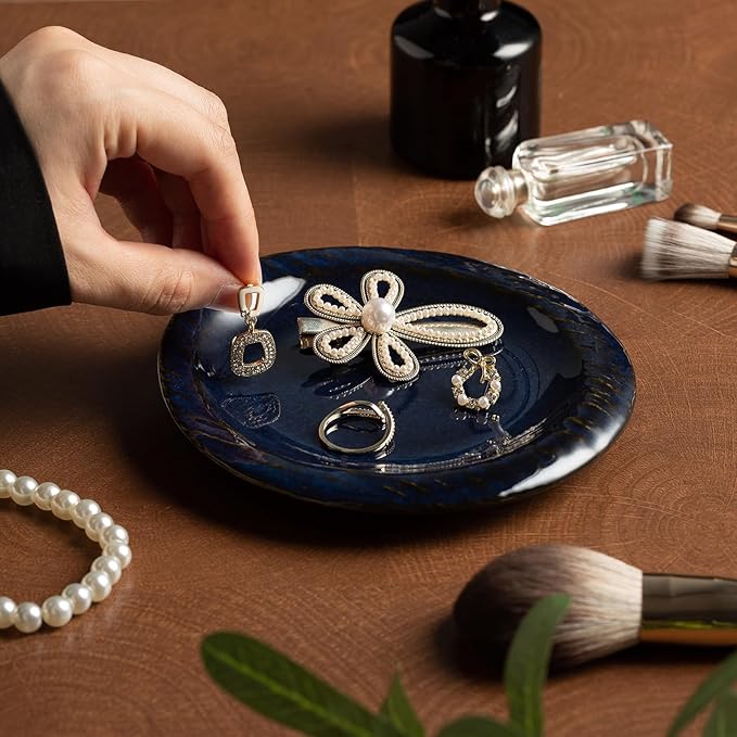 Ceramic Jewelry Tray Decorative Ring Holder and Trinket Dish for Women Wedding Engagement Birthday Gift for Her Jewelry Organizer Vanity Tray (blue)