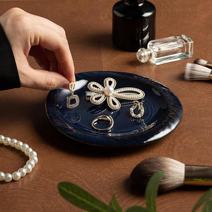 Ceramic Jewelry Tray Decorative Ring Holder and Trinket Dish for Women Wedding Engagement Birthday Gift for Her Jewelry Organizer Vanity Tray (blue)
