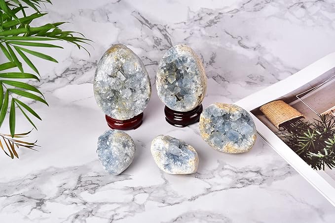 AMOYSTONE Egg-Shape Gemstones Healing Crystals Blue Celestite Cluster Geode Egg 2.5-3", for Healing Reiki Home Decors, Easter Egg
