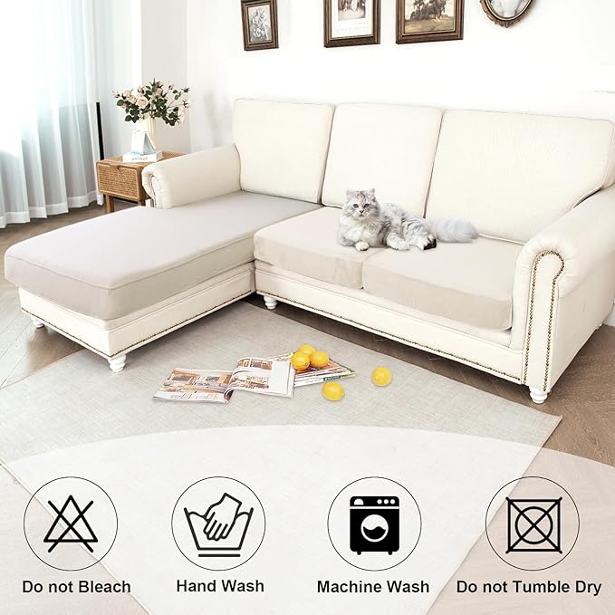 NAISI Waterproof Couch Cushion Covers Thick Velvet Fabric Washable Sofa Slipcovers 2 Pieces Individual Sectional Couch Covers with Elastic Bottom(2 Pcs for 2-Seat or Backrest,Ivory White)
