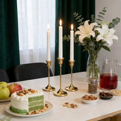 3-Piece Tapered Candleholder Set Brass-Finish Gold Column Candleholders Metal Vintage Decor Dining Table Centerpiece Wedding Mantelpiece Housewarming Gift