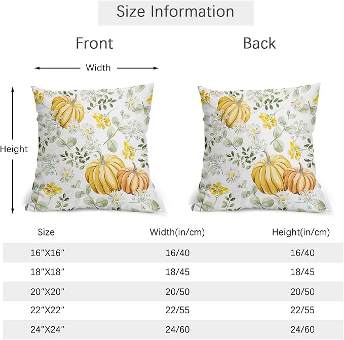 Pumpkin Fall Pillow Covers 18x18 Set of 2 Yellow Saga Green Leaf Autumn Floral Thanksgiving Pillow Cases Outdoor Decorative Holiday Cushion Cover Rustic Decoration Farmhouse Home Sofa Couch Bed Decor