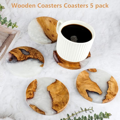 Drink Coaster Set, Wooden Absorbent Coasters, Epoxy Resin Coaster for Coffee Table, Tabletop Protection Decor, Set of 5 with Holder