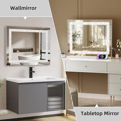 Fenair Vanity Mirror with Lights and Bluetooth Speaker 22.8* 18.1’ Hollywood Mirror with Crystal Light Strip Makeup Mirror, 3 Color LED Mirror USB Charging Port, 10X Magnification, Smart Touch, White