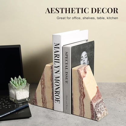 Koville Natural Onyx Bookends for Shelves, Decorative Bookends for Heavy Books, Non-Slip Heavy Duty Book Stopper for CD/Movies, Aesthetic Decorative Book Ends for Bookshevles Table Home Decor