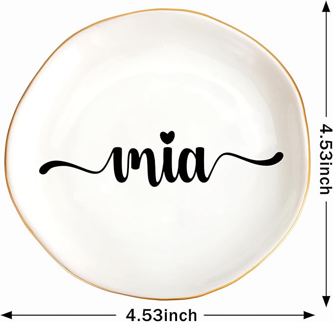 JoycuFF Mia Personalized Name Ceramic Jewelry Tray, Mothers Day Christmas Anniversary Engagement Birthday Gifts for Women Couples, Trinket Dish for Rings Earrings Necklaces Bracelets Keys