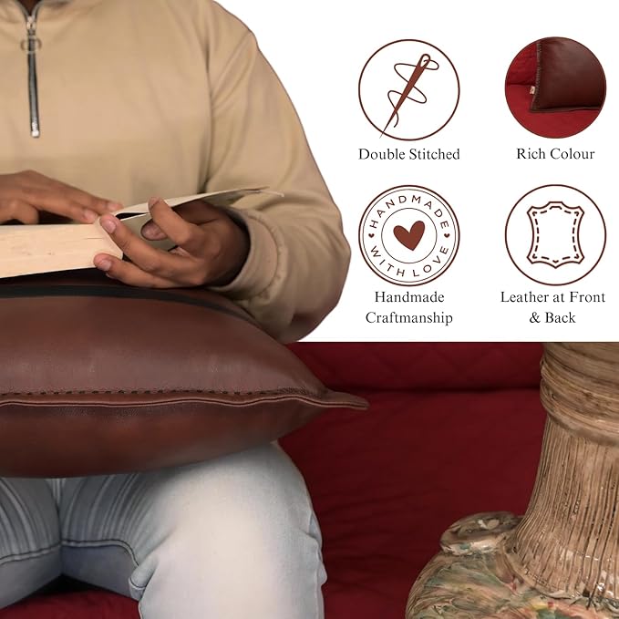 Genuine Lambskin Leather Pillow Cover, 14x14 Inch Case for Lumbar Throw Couch Pillows, Thick & Soft Cushion Covers for Sofa Bed Home Décor (Dark Brown & Black Box Pack of 1)