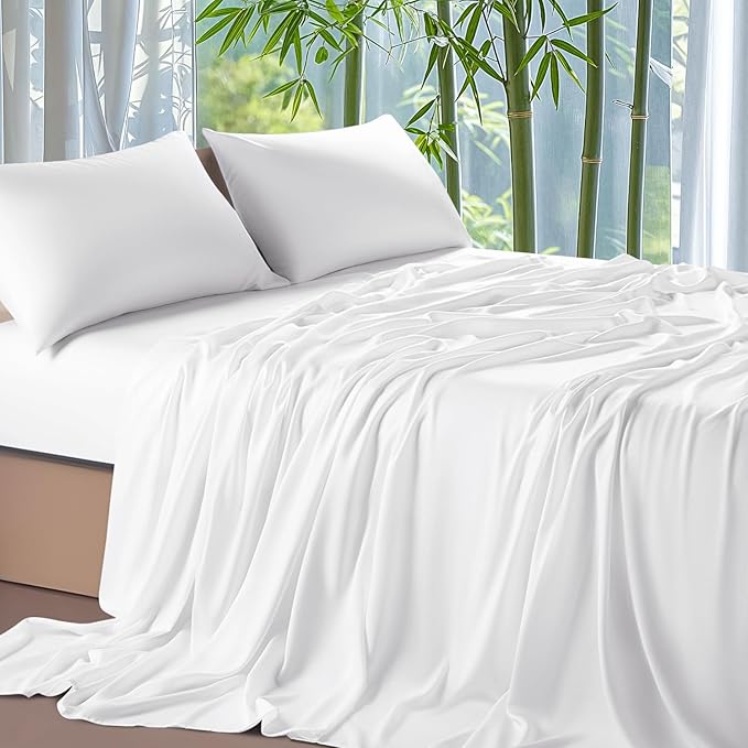 Shilucheng 100% Viscose Derived from Bamboo_ Sheets Full Size 4pcs - Ultra Cooling & Silky Soft Bed Sheets, 16" Deep Pocket, Perfect for Hot Sleepers, Hotel Bedding Sheets (White)