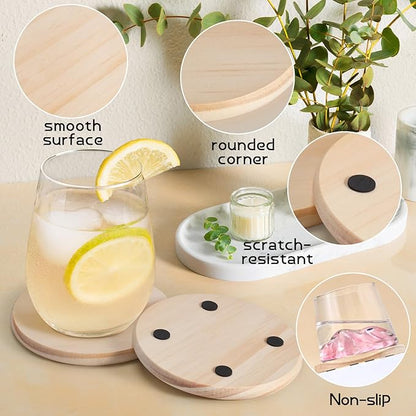 12 PCS 5 Inch Unfinished Wood Coasters, GOH DODD 4 Inch Wooden Blanks with Non-Slip Pads for Laser Engraving Wood Burning Staining Painting Decoupage Housewarming Gifts Wedding Crafts Education, Round