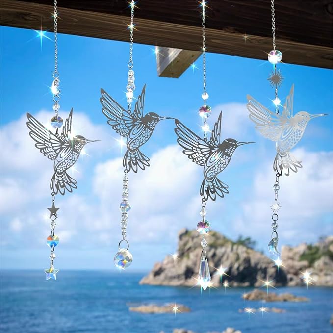 Artilady Suncatcher Hummingbird Wind Chimes for Outside Hanging Prism Crystal Sun Catchers Indoor Window Garden Porch Backyard Decor Birthday for Women Girls (Silver, 4 PCS)