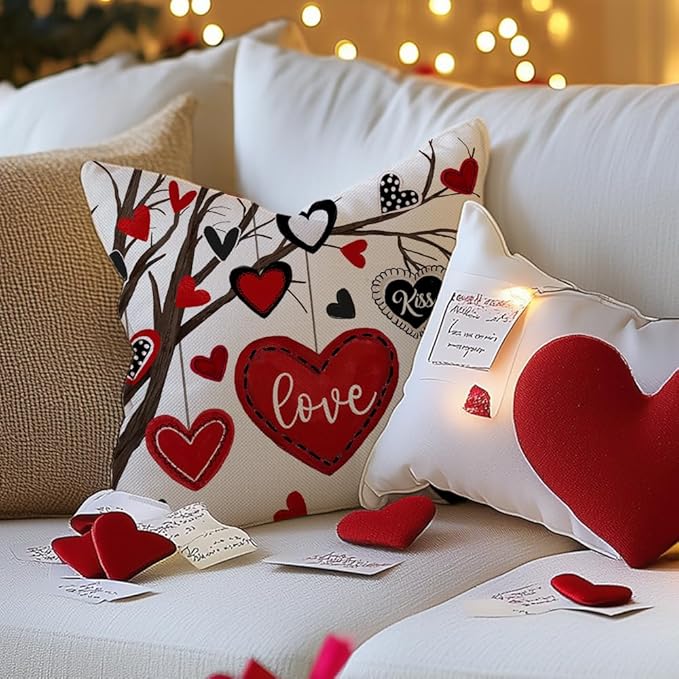 GEEORY Valentine's Day Throw Pillow Covers 18x18 Inch Set of 4, Valentines Red Black Hearts Love You More Decorative Farmhouse Holiday Cushion Case for Home Decoration G644-18