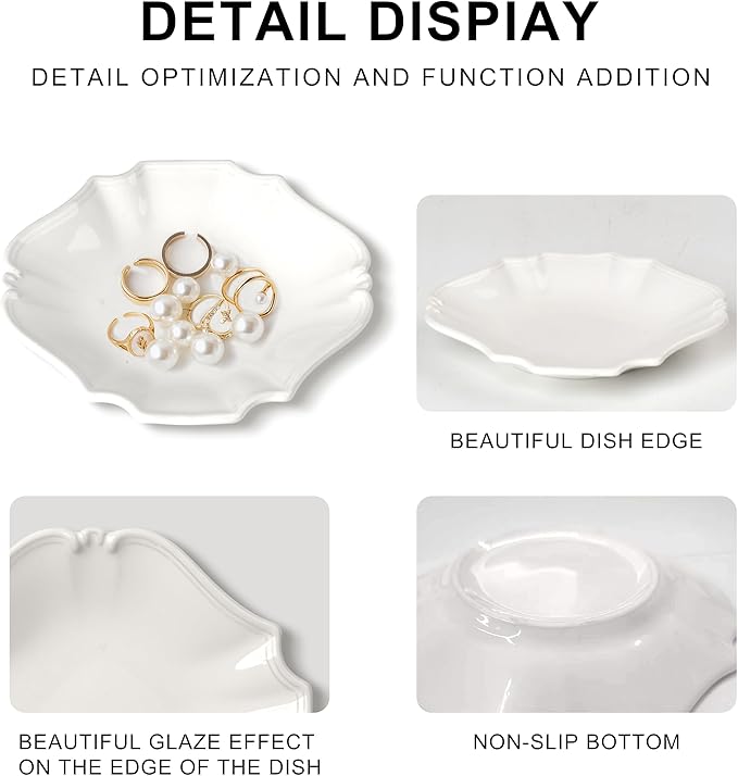 Ceramic Jewelry Dish, Decorative Tray for Rings Earrings Necklaces Bracelet Watch Keys, 4.50" Trinket Tray as Gifts for Women (White Court)