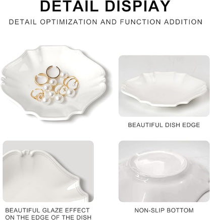 Ceramic Jewelry Dish, Decorative Tray for Rings Earrings Necklaces Bracelet Watch Keys, 4.50" Trinket Tray as Gifts for Women (White Court)