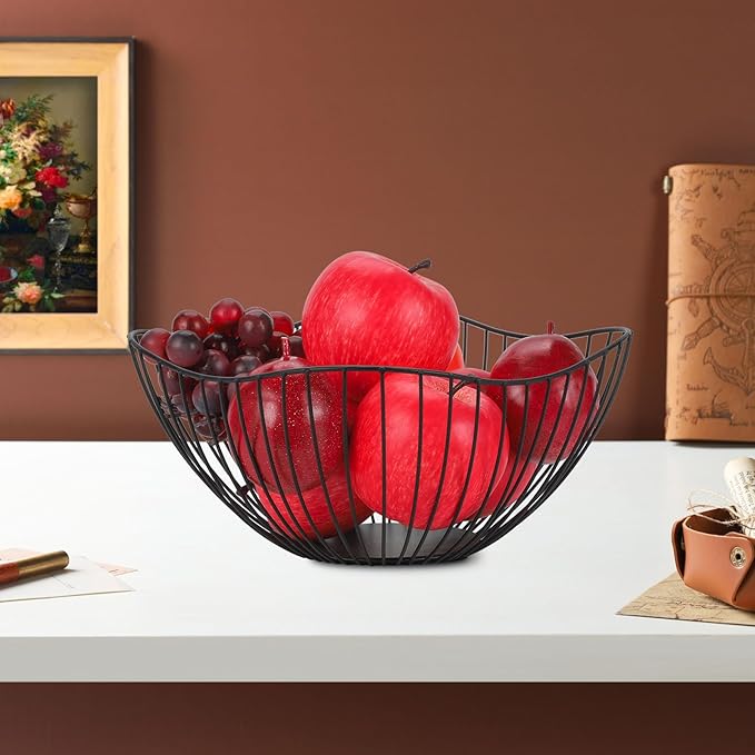 IBWell Antique Curved Edge Fruit Basket for Kitchen Black Wire Basket Fruit Bowl for Home Decor Metal Wire Fruit Holder for Fruit Vegetable Snacks