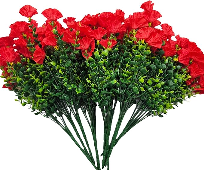 Artificial Silk Flowers for Outdoor Decoration,12 Bundles Faux Flowers Colorful Morning Glory with Eucalyptus Fake Plants Greenery UV Resistant for Outside Front Door Planter Porch Patio Yard