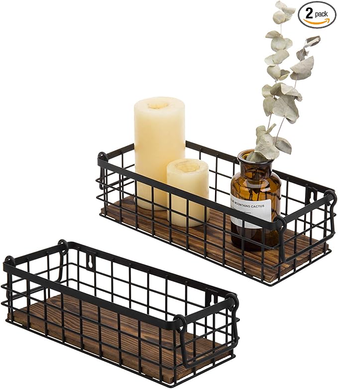 MyGift Set of 2 Black Wire Baskets for Organizing – Storage Baskets/Pantry Baskets for Shelves & Wall
