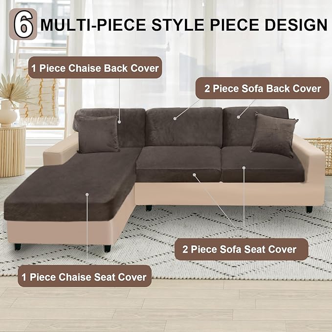 NAISI Sectional Couch Covers 6 Pieces Velvet Couch Cushion Covers L Shape Soft Stretch Sofa Slipcovers with 2pcs Pillowcases for Left/Right Chaise Sectional Couch(2 Seater+1 Chaise+3 Back,Brown)