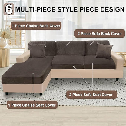 NAISI Sectional Couch Covers 6 Pieces Velvet Couch Cushion Covers L Shape Soft Stretch Sofa Slipcovers with 2pcs Pillowcases for Left/Right Chaise Sectional Couch(2 Seater+1 Chaise+3 Back,Brown)