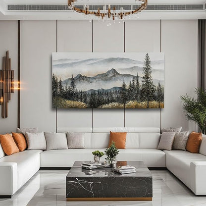 Foggy forest Wall Decor,Framed Canvas Wall Art, Large Artwork Green Mountain Pictures Boho Pine Tree Wall Painting Mountains Landscape Art for Home Living Room Office 29"x58"