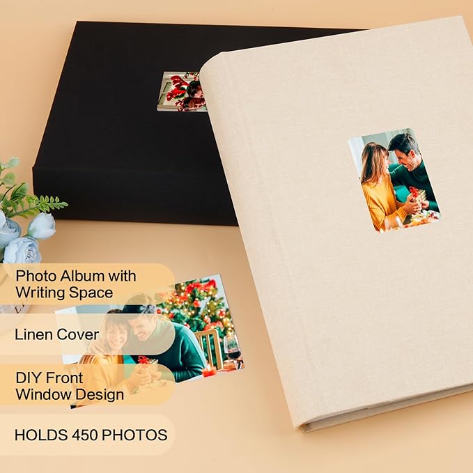 XFveiwoo Photo Album 4x6 450 Photos with Writing Space,4 x 6 Photo Book Linen Cover with Front Window, 4x6 Picture Album 450 Photos Photo Album Book for Wedding Kids Travel Family Baby Pictures, Beige