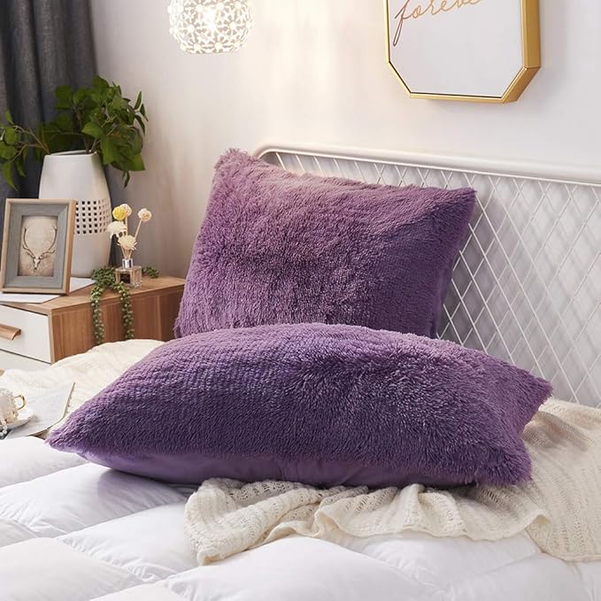 Uhamho Set of 2 Faux Fur Throw Pillow Covers Soft Velvet Decorative Pillowcases Zipper Closure (Purple, 20"x36")