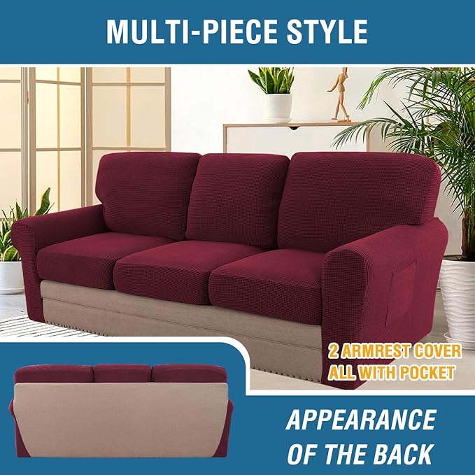 H.VERSAILTEX Multi-Pieces Sofa Covers Stretch Couch Covers Form Fitted Seats and Back Cushions Covers (3 Seat Covers Plus 3 Back Cusion Covers, Bonus 2 Armrest Covers), Burgundy