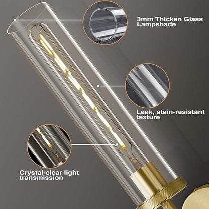Gold Wall Sconces Set of Two, 19.48" Knurled Gold Wall Lighting with Glass Tube, Modern Brass Sconces Wall Lamp for Bedroom Living Room Bathroom Hallway Staircase & Vanity Mirror(Including Bulb)