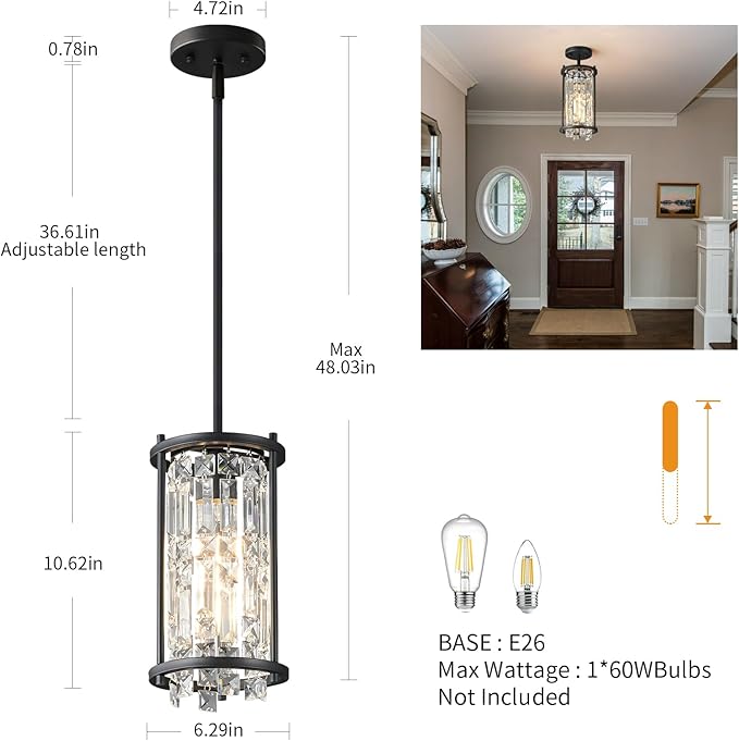 LMQNINE Modern Black Pendant Light Fixtures for Kitchen Island, Crystal Chandelier Lights Fixture, Adjustable Farmhouse Pendant Lighting for Dining Room Bedroom (Round 1-Light)