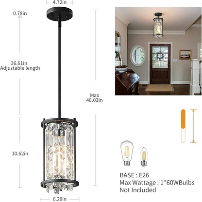 LMQNINE Modern Black Pendant Light Fixtures for Kitchen Island, Crystal Chandelier Lights Fixture, Adjustable Farmhouse Pendant Lighting for Dining Room Bedroom (Round 1-Light)