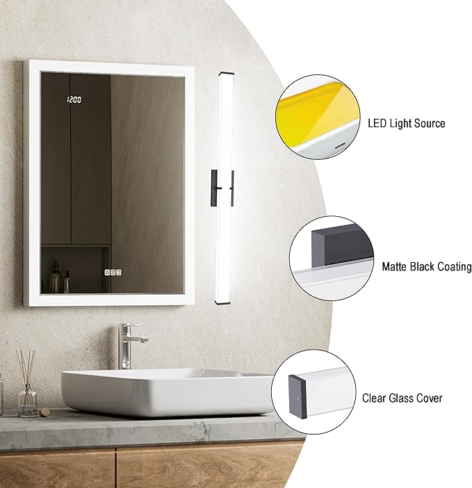 Bathroom Light Fixtures: 31.5 Inch ETL Certified LED Bathroom Vanity Light 5000K Cool White 36W 2500LM - Modern Black Vanity Light Dimmable with Clear Shade - Bathroom Lighting Fixtures Over Mirror
