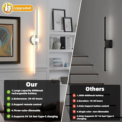 Wireless Battery Operated Wall Sconces with Remote, USB Rechargeable Led Wall Lights, 3000K-6000K Chrome wall sconces for Bedroom, Hallway, Living Room. Chrome 31.4-Inch Wall Light Set of Two