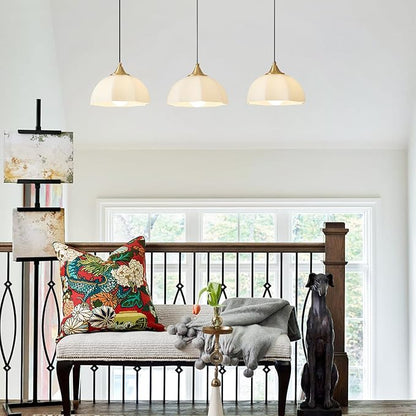 Modern 3 Light Pendant Lighting Gold Linear Dining Room Light Fixture Milk Glass Linear Chandelier Brass and White Pendant Lights Kitchen Island 3 Bulb Hanging Ceiling Light MPL17-3S GD