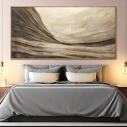 Textured Abstract Wall Decor with Frame Grey and Brown Canvas Art Gold Accents Modern Large Artwork for Bedroom Living Room 29x58 Inch