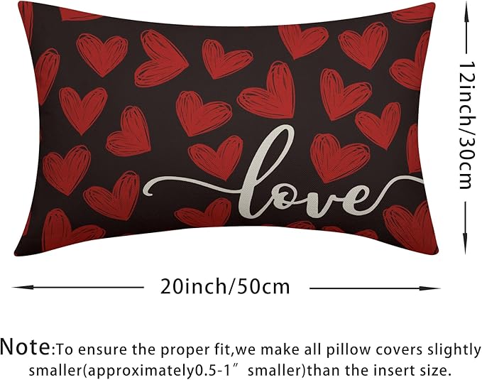 Valentines Day Pillow Covers 12x20 Set of 2 Black Heart Throw Pillow Covers Love Pillowcase Linen Decoration Farmhouse Holiday Cozy Soft Cushion Case Couch for Indoor Outdoor Home Decor