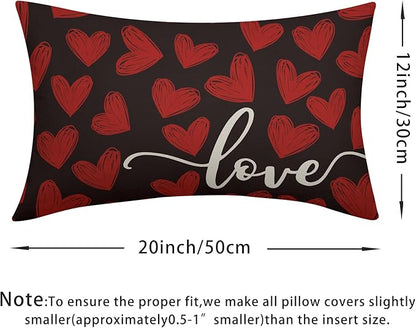 Valentines Day Pillow Covers 12x20 Set of 2 Black Heart Throw Pillow Covers Love Pillowcase Linen Decoration Farmhouse Holiday Cozy Soft Cushion Case Couch for Indoor Outdoor Home Decor