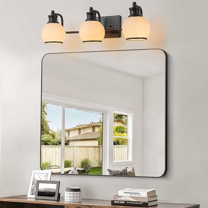 3 Light Modern Bathroom Light Fixtures Over Mirror (LED Bulbs Included), Black Vanity Lights for Bathroom Wall Sconces with Milky White Globe Glass Shades
