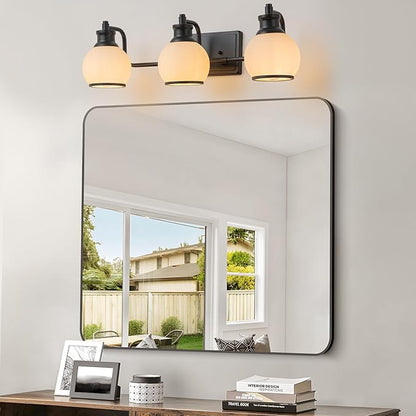 3 Light Modern Bathroom Light Fixtures Over Mirror (LED Bulbs Included), Black Vanity Lights for Bathroom Wall Sconces with Milky White Globe Glass Shades