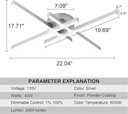 Updated Modern Ceiling Light ,Preminum Close to Ceiling Light fixtures,Modern Light Fixtures Ceiling Dimmable for Dining Room Kitchen Bedroom Living Room 40W 6000K Cool Light (Silver)