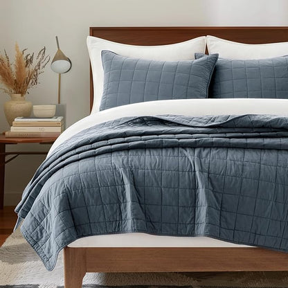 EVERGRACEHOME 100% Cotton Box Stitch Quilt Bedding Set Queen Size 3 Pieces, Garment-Washed Lightweight Soft Cozy Coverlet, Quilted Bedspread Sets with 2 Shams for All Season, Midnight Blue