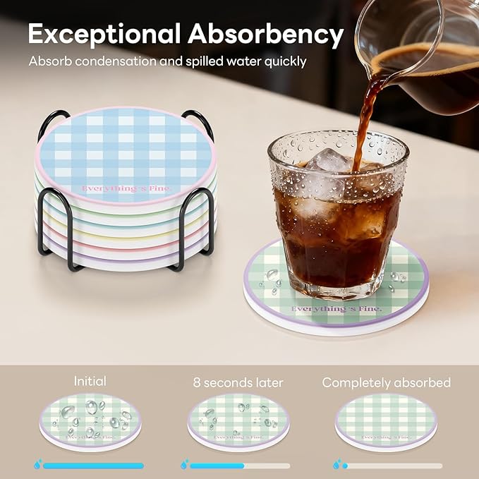 6-Piece Ceramic Coaster Set with Tray Diameter: 3.94 in Thickened Absorbent Material Heat-Resistant and Water-Absorbent Coaster Set Suitable for All Types of Cups， Checkered