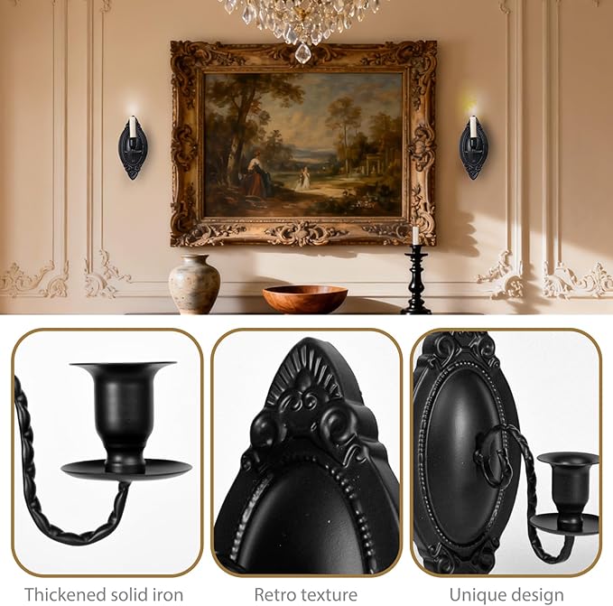 Black Candle Sconces Set of Two, Victorian Decor Royal Wall Sconce, Metal Rustic Candle Holder Baroque Home Wall Decor for Living Room, Dining Room, Bedroom, Fireplace, Hallway, Window