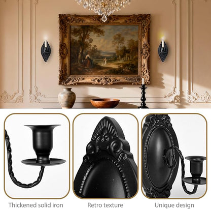 Black Candle Sconces Set of Two, Victorian Decor Royal Wall Sconce, Metal Rustic Candle Holder Baroque Home Wall Decor for Living Room, Dining Room, Bedroom, Fireplace, Hallway, Window