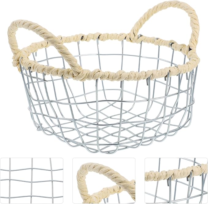 Woven Iron Wire Basket with Handles Small Size Desktop Fruit Holder Bread and Snack Storage Basket for Kitchen Countertop Organization